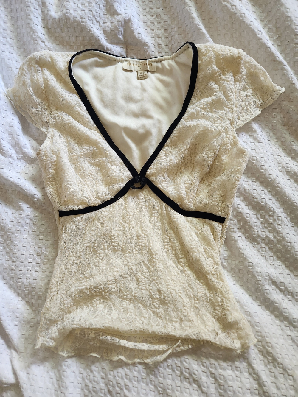 Cream Lace Blouse with Black Trim